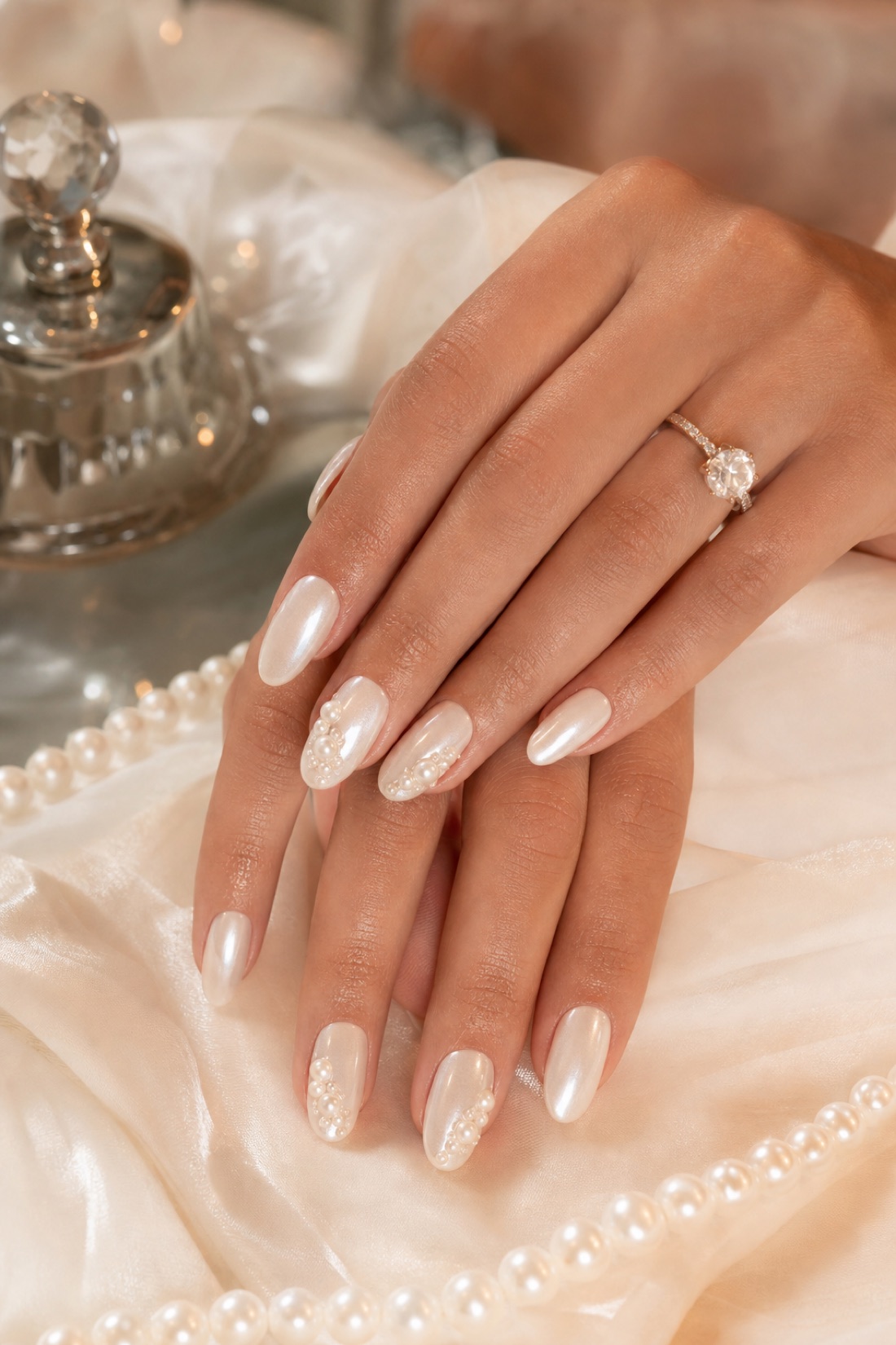 Bridal pearl manicure close-up