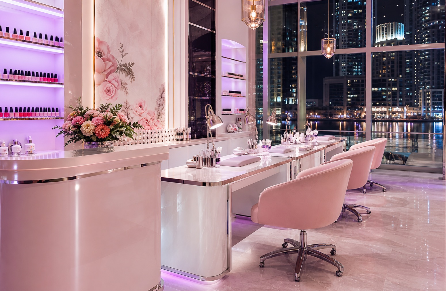 Glossy luxury nail salon interior